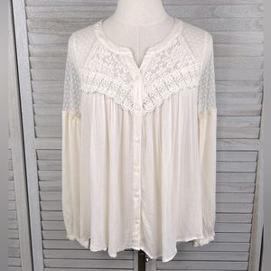 AMERICAN EAGLE OUTFITTERS Boho Blouse Gauzy Fabric w Lace Accents Cream-Small